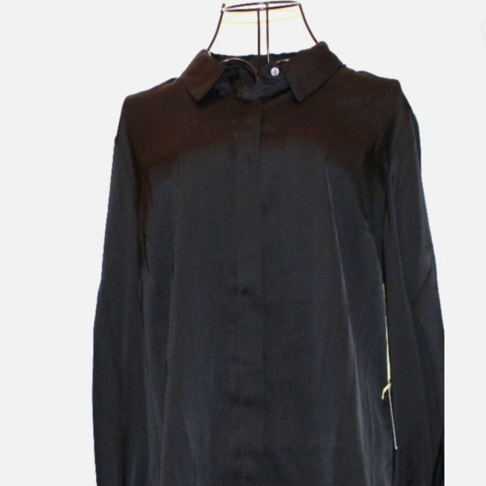 Black Satin Blouse Button Front Shirt Long Sleeve Top CeCe M NWT Puff Sleeves - Picture 7 of 8